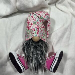 Gnome with floral hat and Pink Sneakers, hand-made